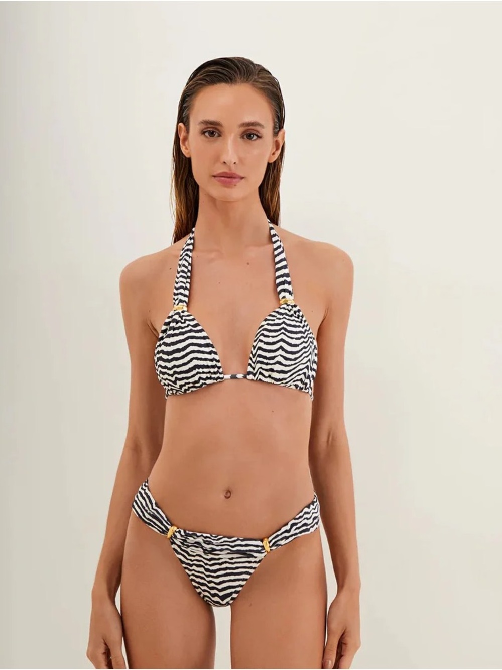 Black & White Wave-Print Halter Bikini Set